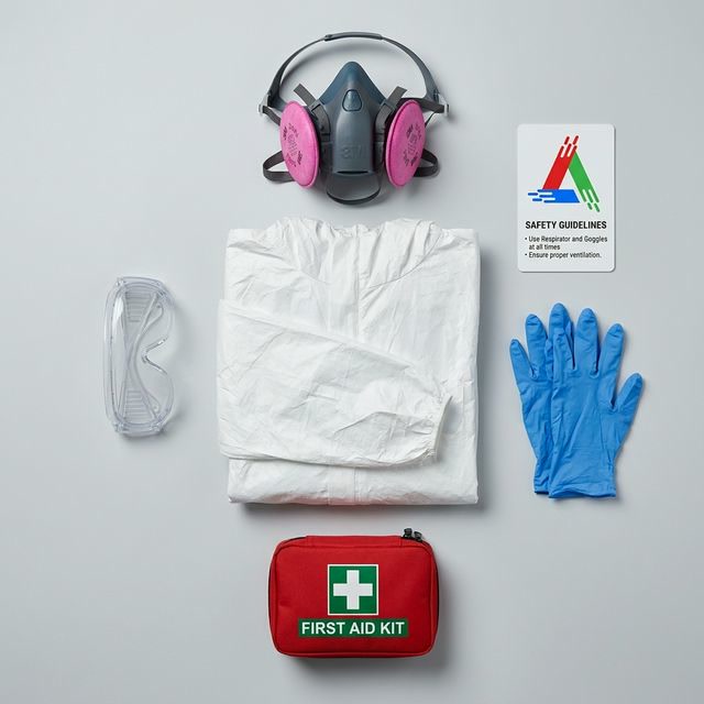 Professional painting PPE safety equipment organized on work surface