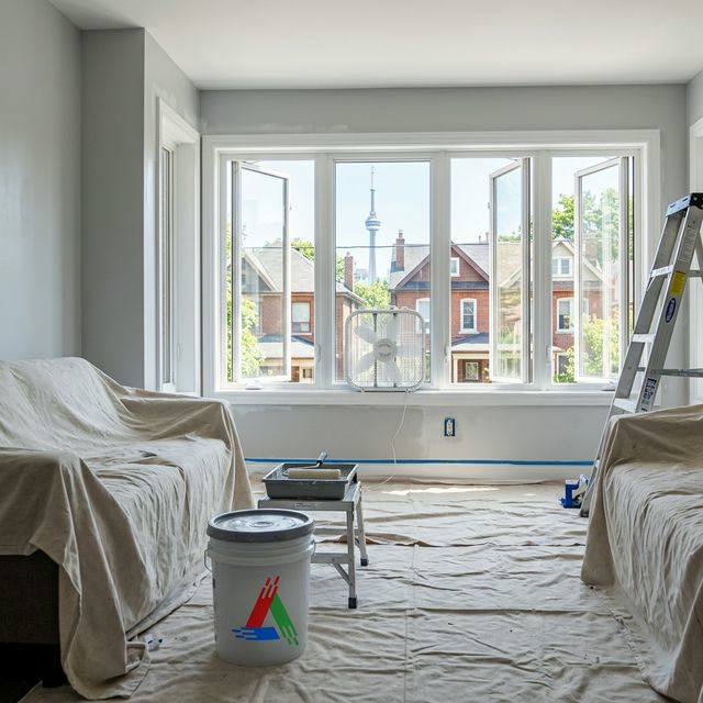 Step ladder properly set up on level surface for safe indoor painting