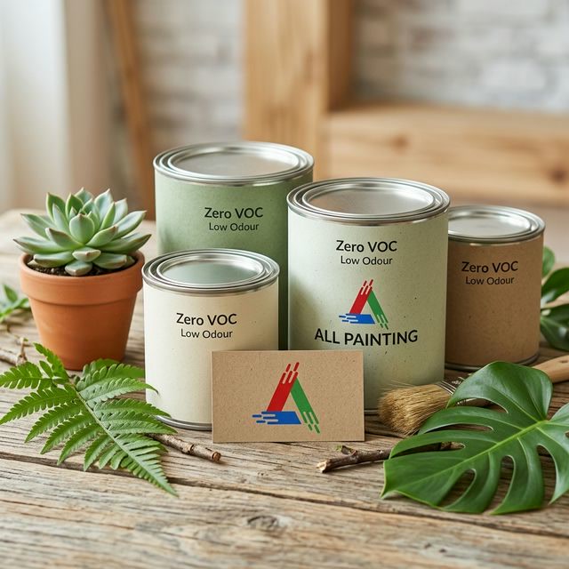 Eco-friendly zero-VOC paint cans with green sustainability theme