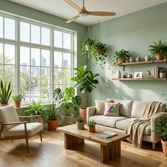 Modern Toronto living room painted in natural green with indoor plants
