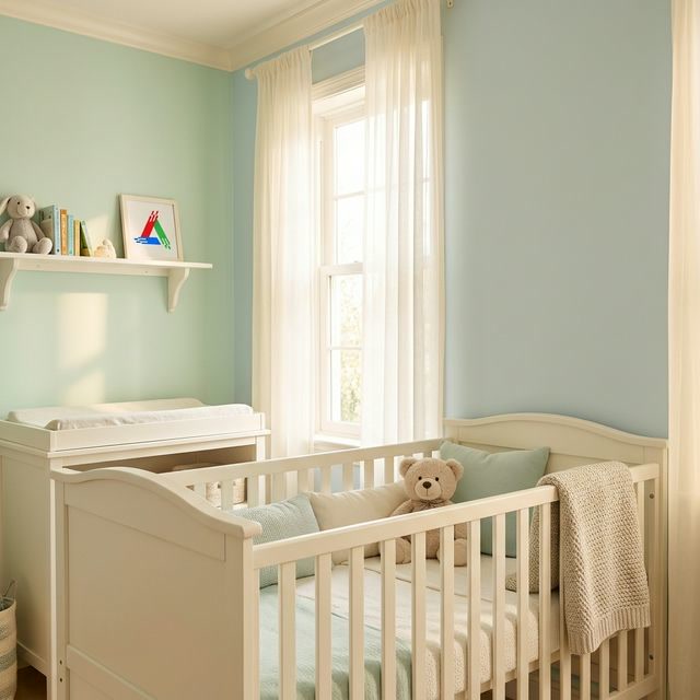 Safe pastel nursery painted with zero-VOC paint in Toronto