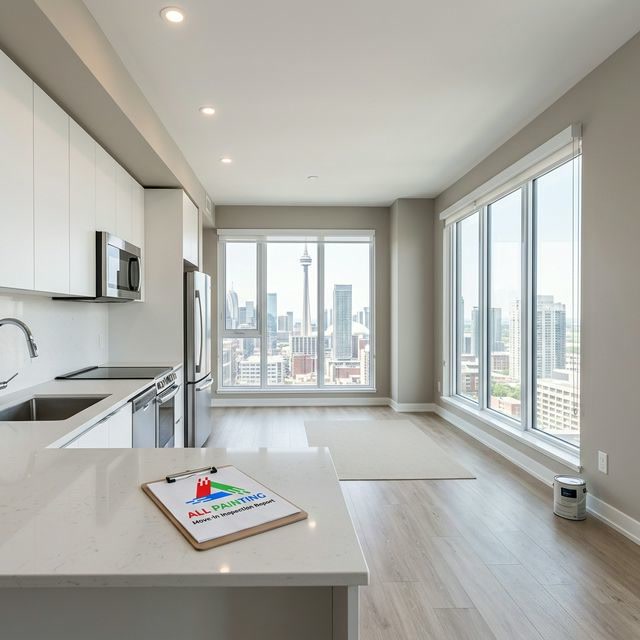 Professional painter safely using extension pole in Toronto rental unit