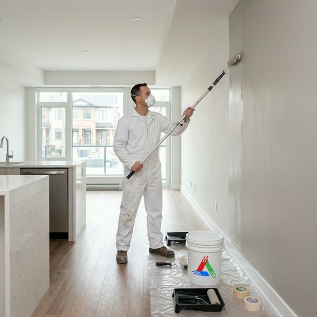 Freshly painted Toronto condo entry with navy blue door