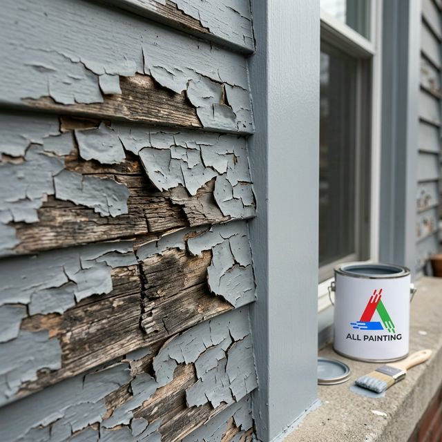 Close-up of peeling paint on wood siding showing repair contrast