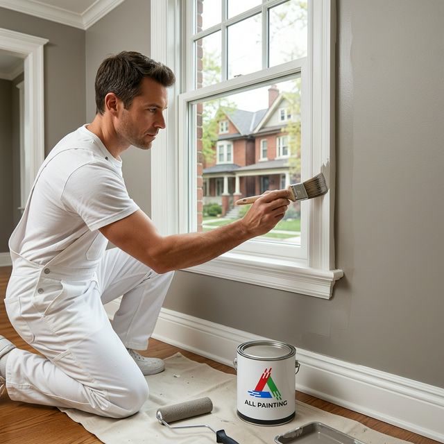 Professional painter cutting in around window trim in a Toronto home
