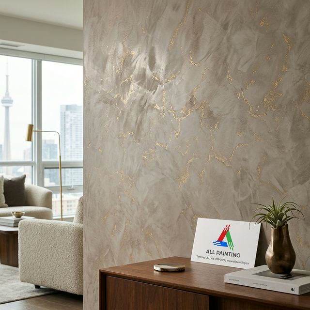 Paint colour fan decks and samples spread on counter for colour consultation