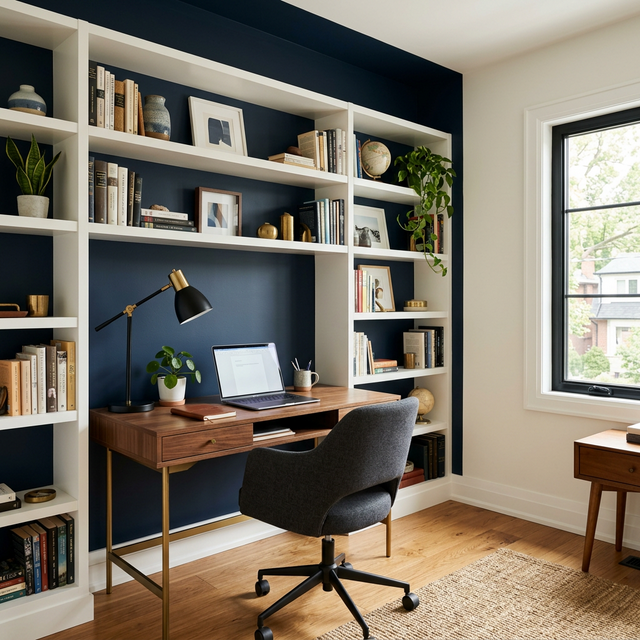Dark navy accent wall in a Toronto home office with built-in shelving