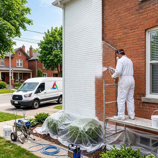 Brick exterior of a Toronto home being professionally painted with a sprayer