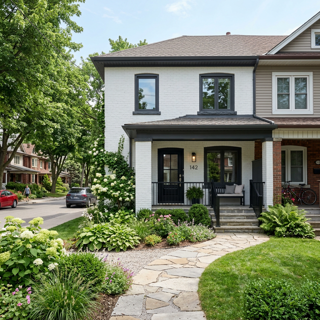 Toronto home exterior with painted white brick and dark charcoal trim
