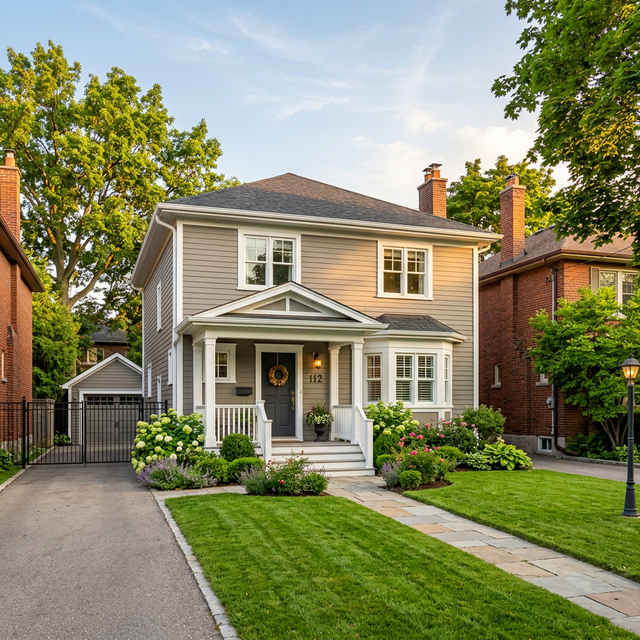 Beautifully finished exterior paint job on a detached Toronto home with fresh white trim