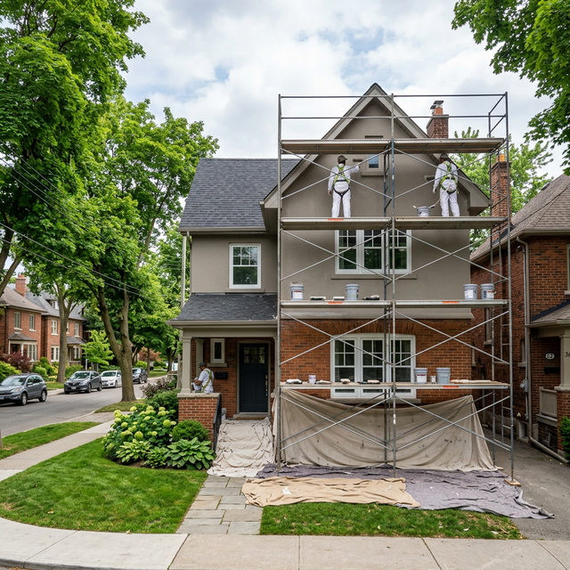 Scaffolding set up along the side of a two-storey Toronto house for exterior painting