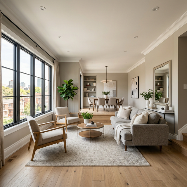 Modern Toronto living room painted in warm greige with white trim and natural light