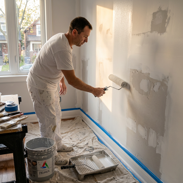 Primer being applied to a patched and sanded wall ready for top coat