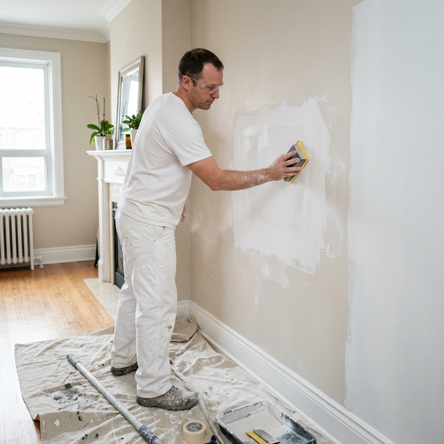 Professional sanding a plaster wall to prepare for painting in a Toronto home
