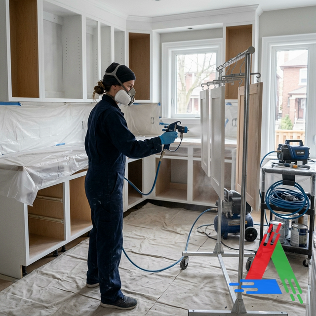 Professional painter spray-painting kitchen cabinets with HVLP spray gun