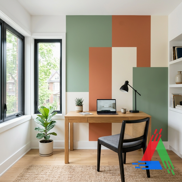 Geometric colour-blocked feature wall in a Toronto home office