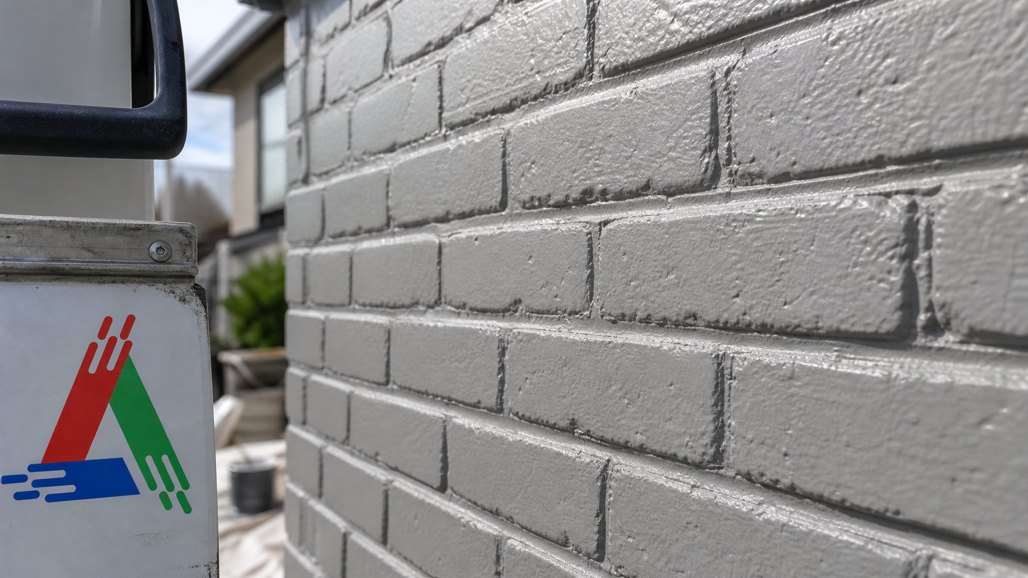 Close-up of painted brick wall showing crisp mortar lines and even breathable finish on masonry texture