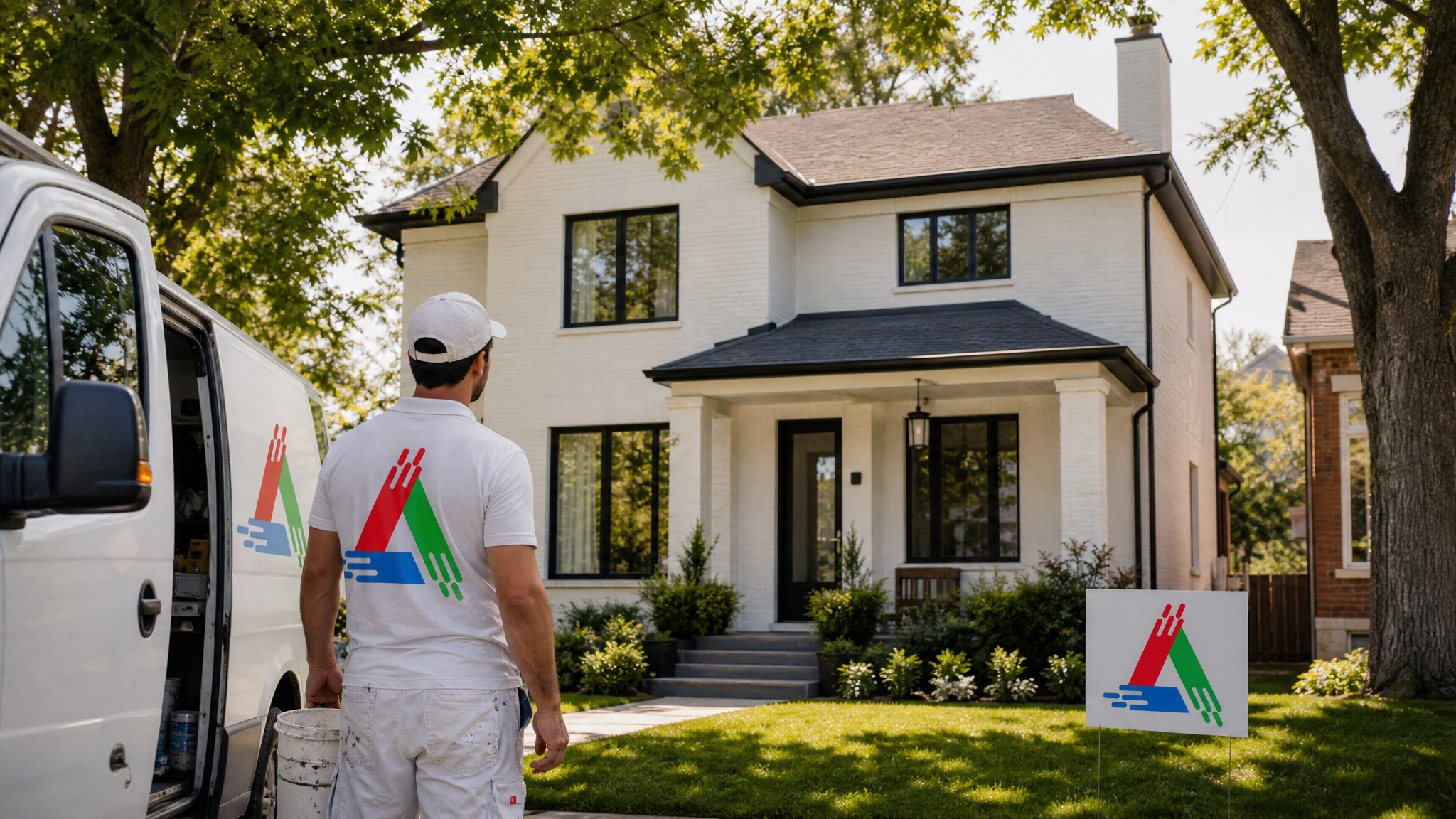 Freshly painted white brick century home exterior in a Toronto neighbourhood with crisp trim