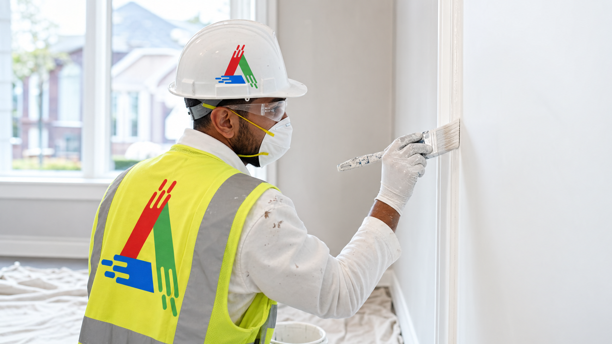 Professional painter in safety gear spraying breathable mineral coating onto an exterior brick wall