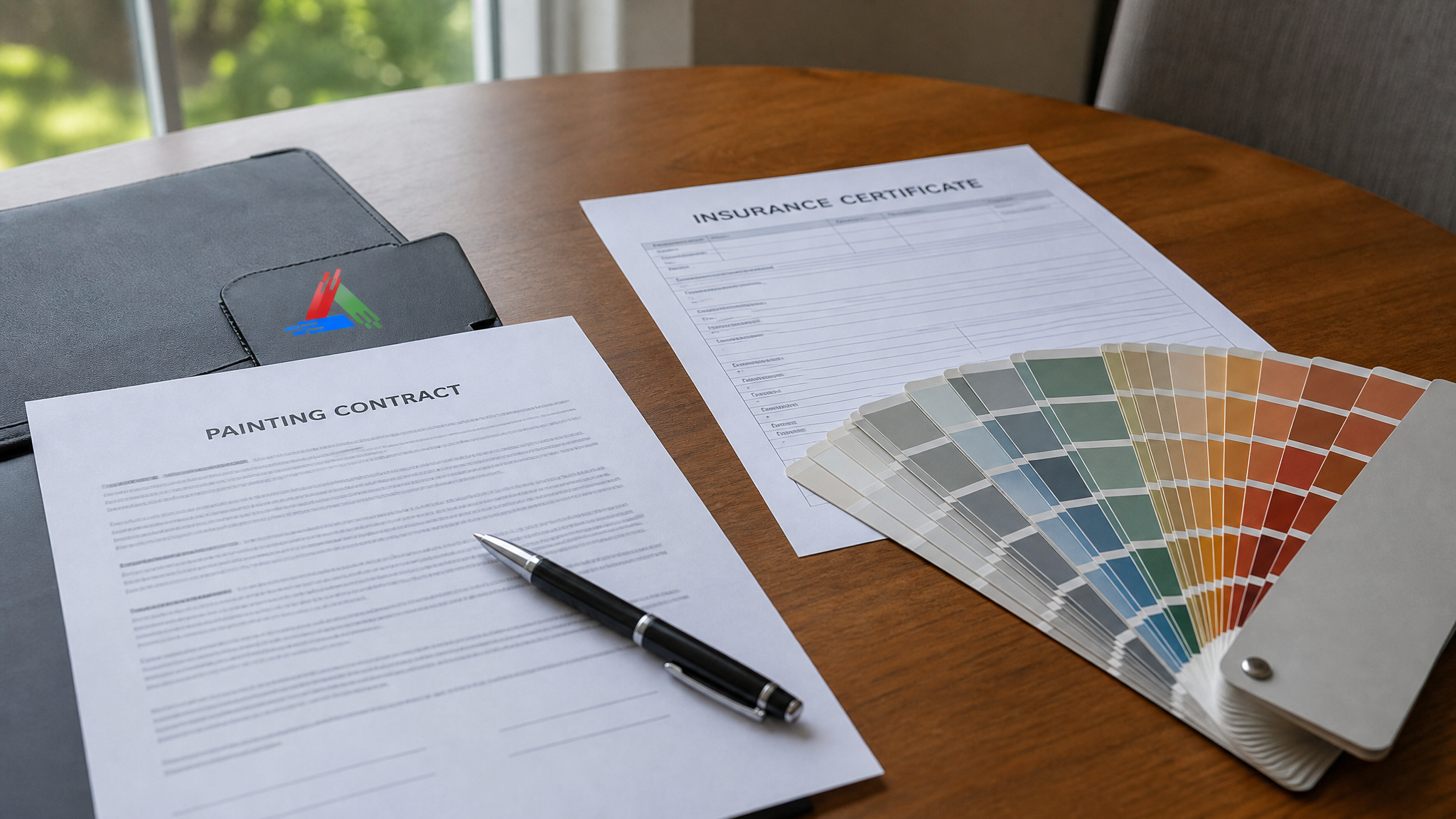Close-up of a signed painting contract, insurance certificate and paint swatch fan deck on a table