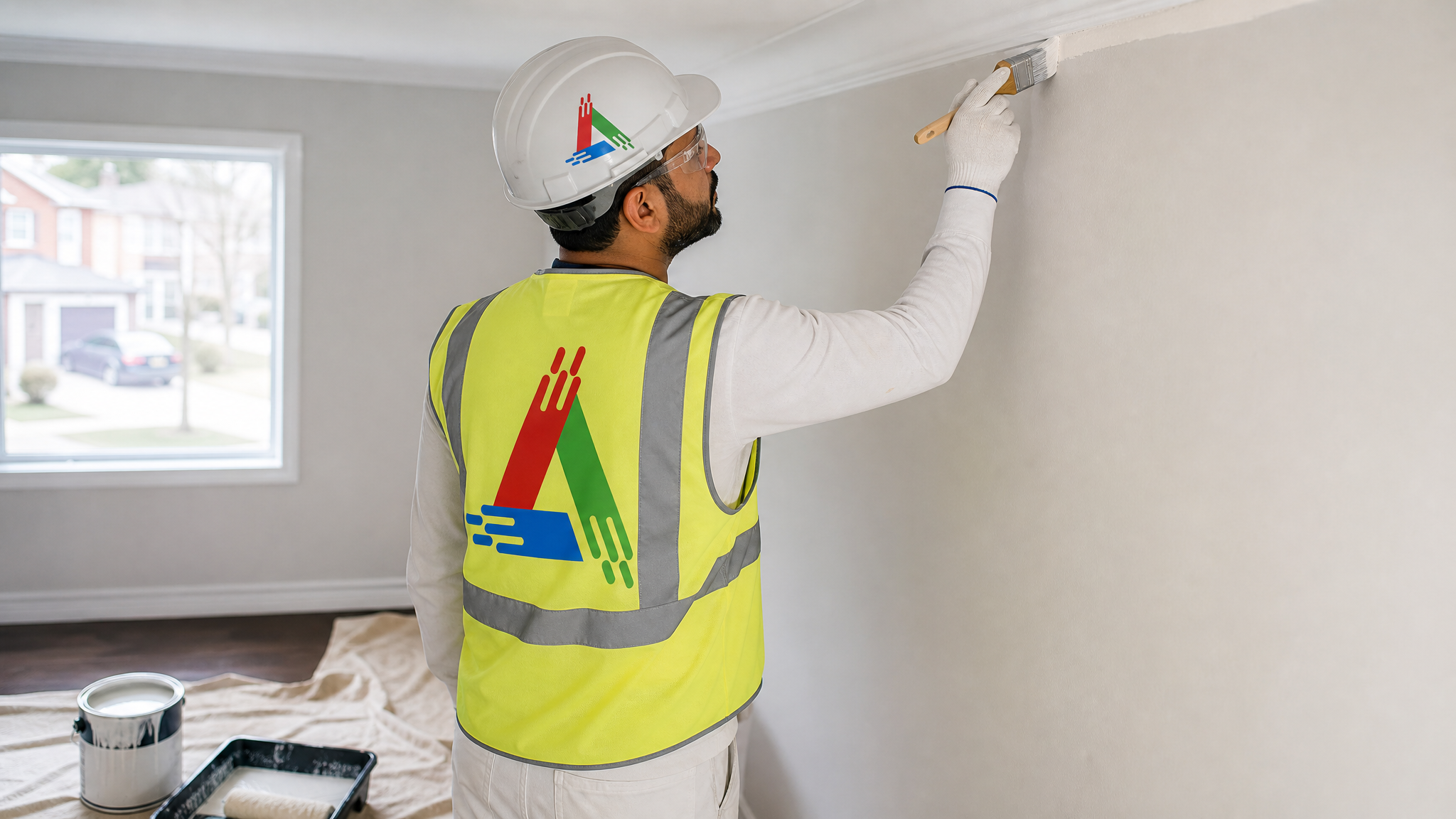 Professional painter cutting in a wall edge with a brush inside a Toronto home with drop sheets down