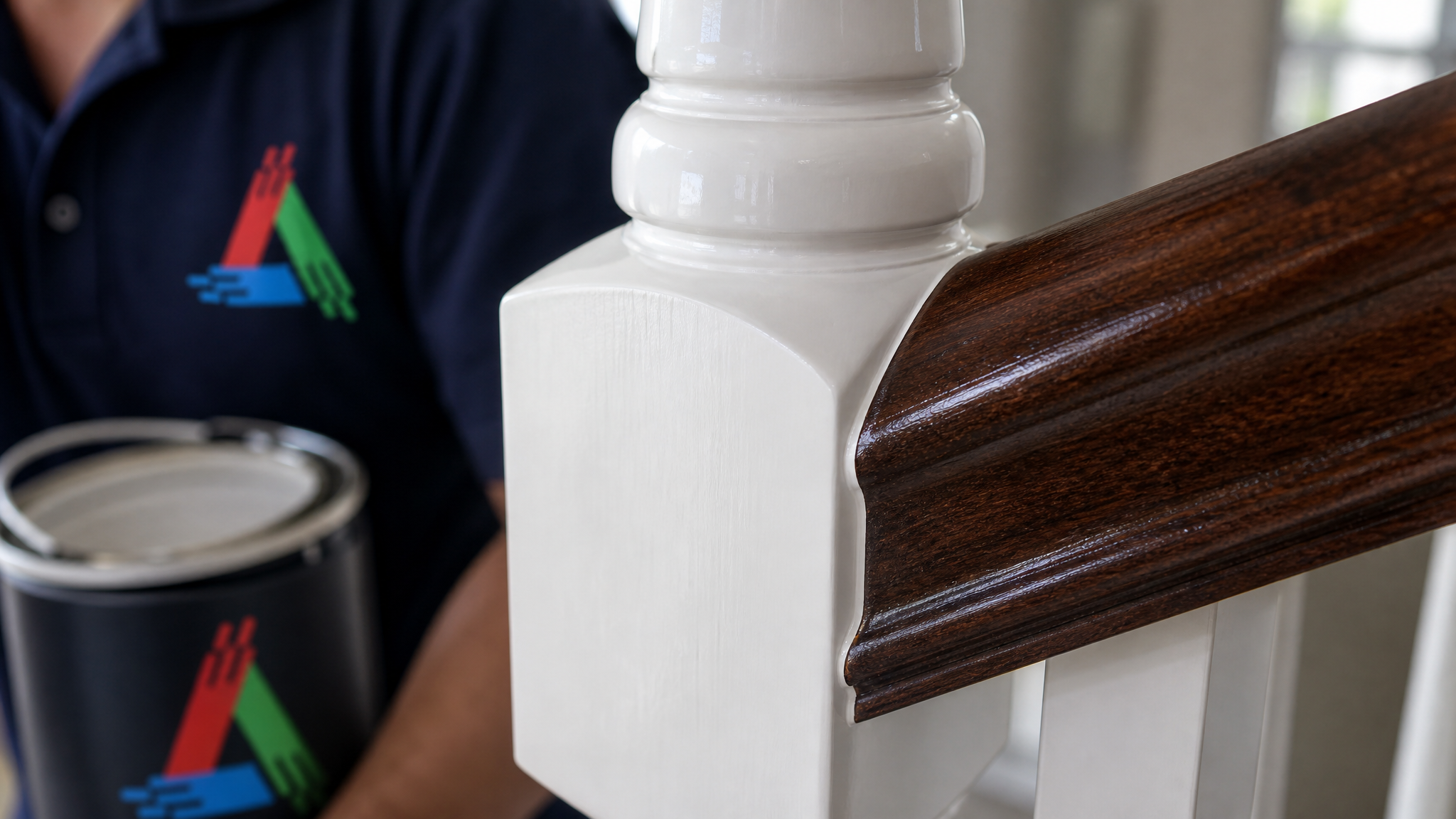 Close-up of a smooth painted white baluster meeting a stained handrail on a refinished staircase
