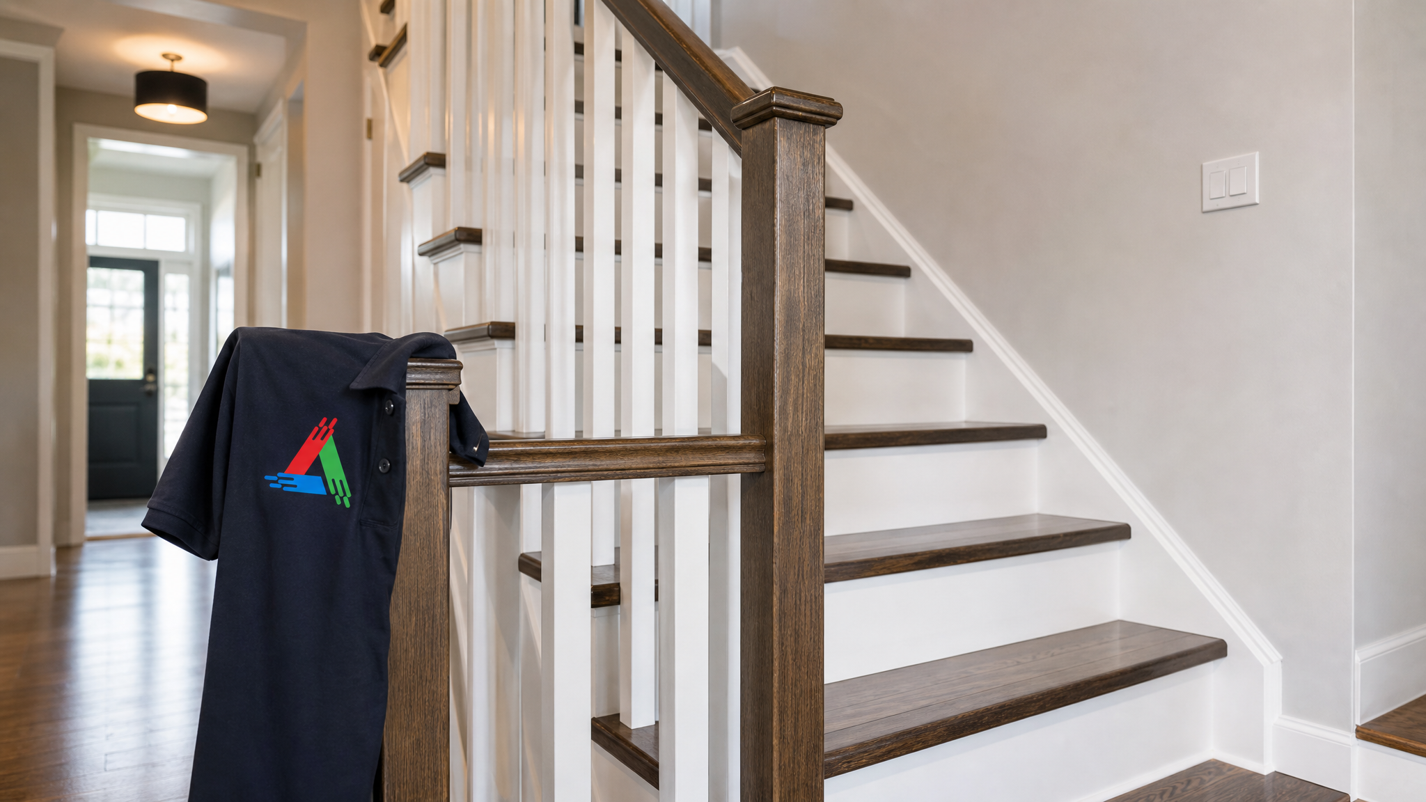 Freshly completed staircase and railing painting Toronto home with crisp white risers and dark handrail