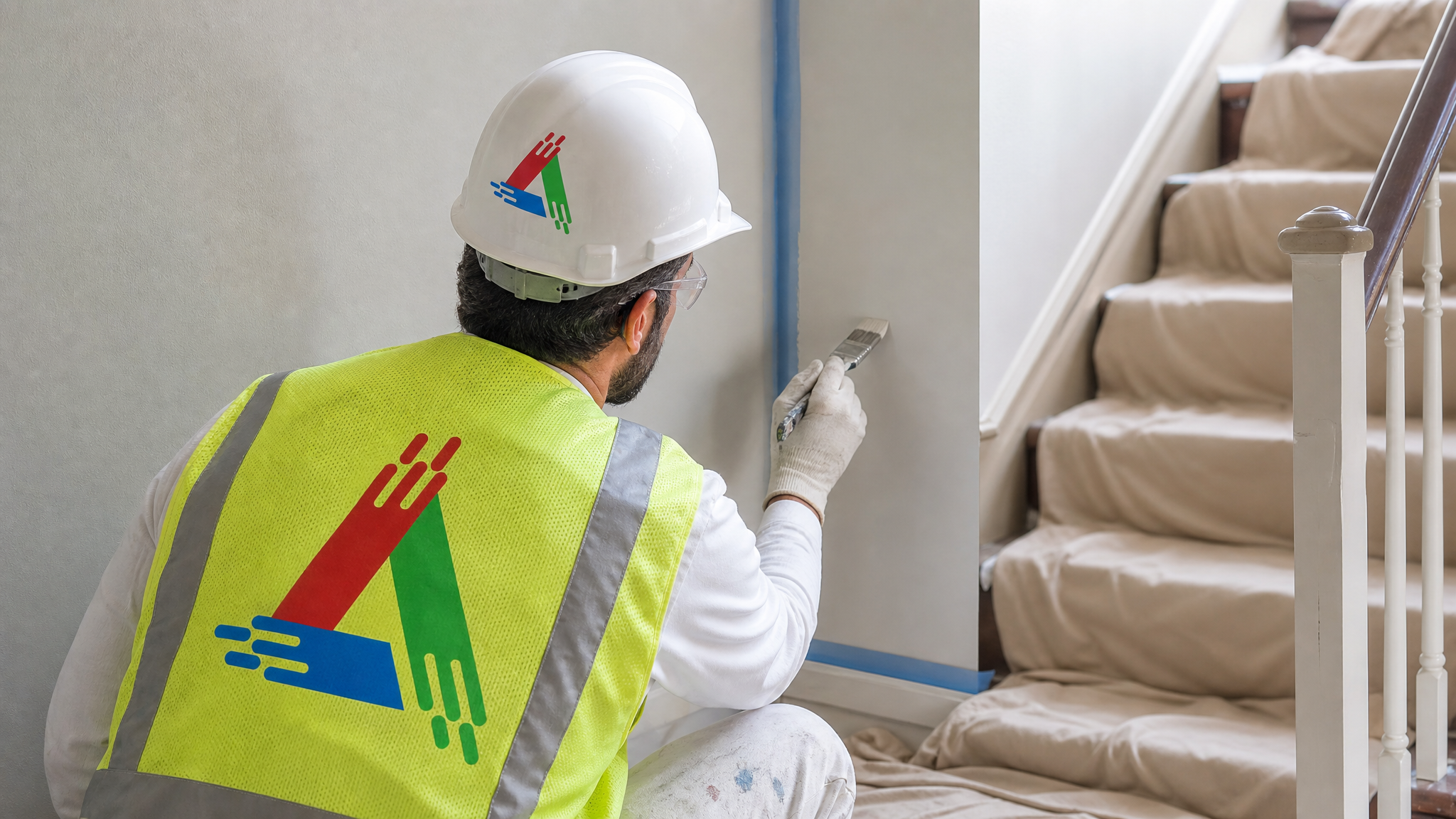 Professional painter cutting in a clean edge along a wall beside a staircase in a Toronto home
