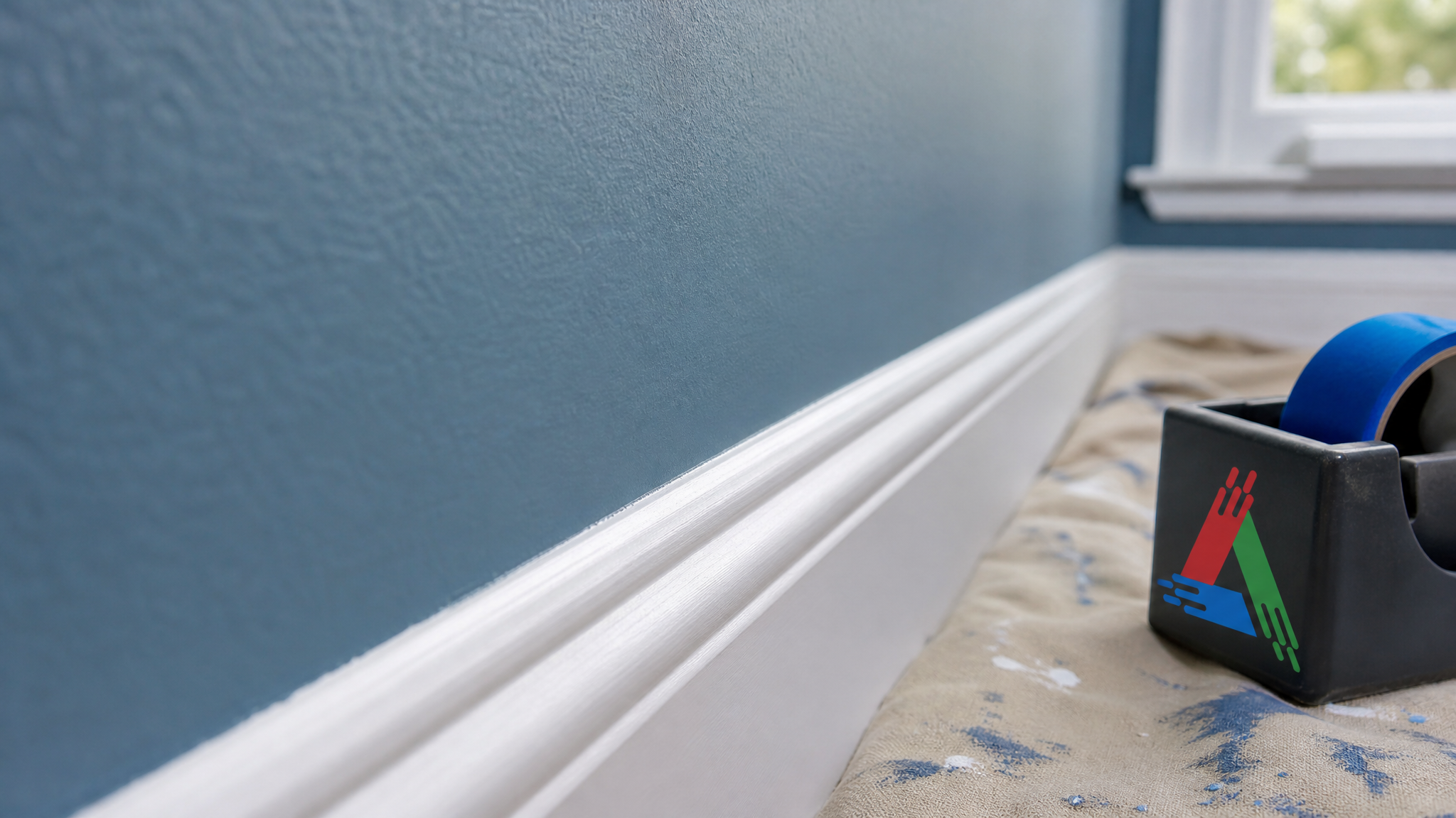 Close-up of crisp paint line where a freshly painted wall meets trim in a commercial space