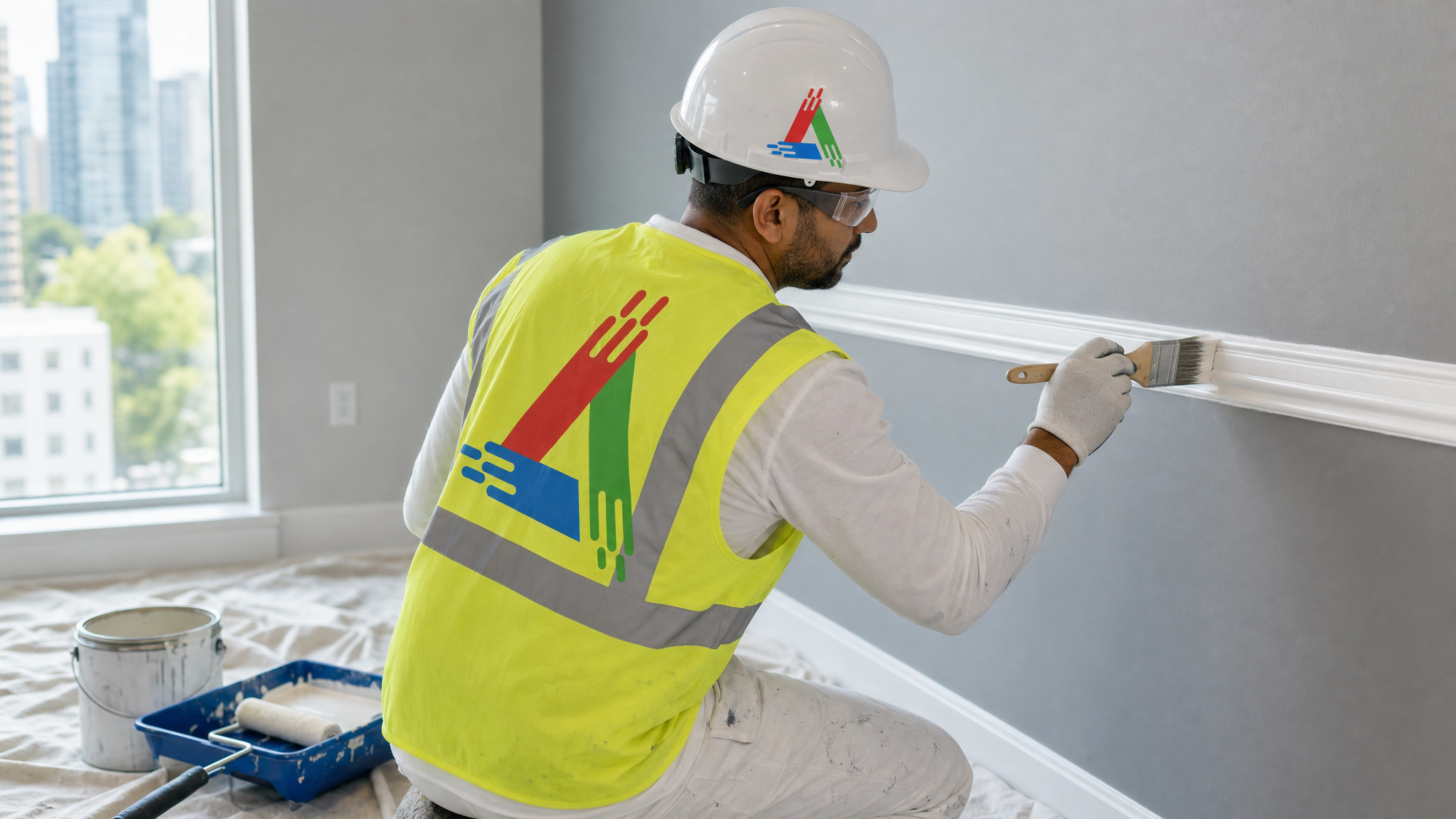 Professional painter cutting in a wall edge with a brush inside a Toronto commercial space with drop sheets down