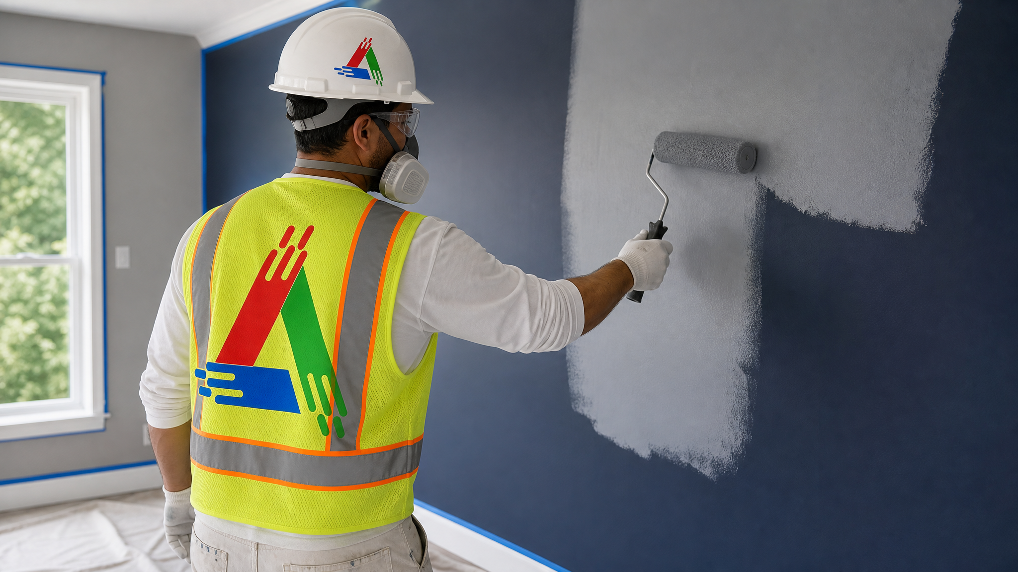 Professional Toronto painter in painter attire wearing respirator safety glasses and gloves rolling primer over a dark wall with drop sheets and tape protecting the floor