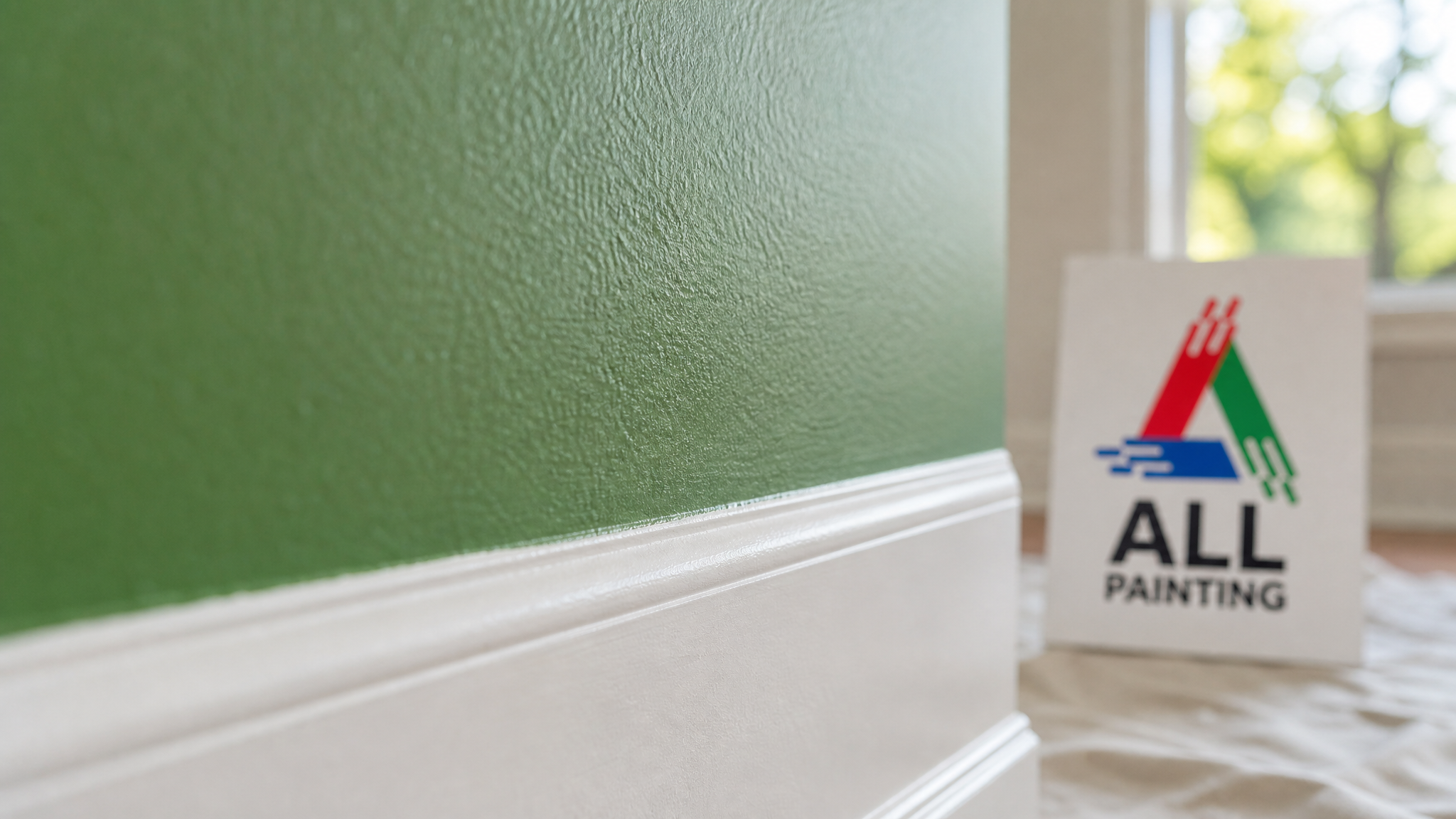 Close-up of a crisp cut-in line between a satin wall and semi-gloss white trim on a Toronto home