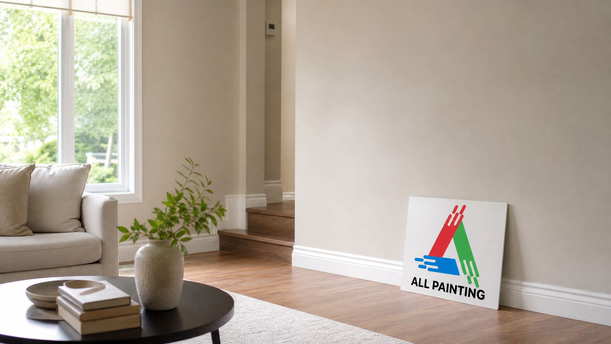 Freshly painted Toronto living room with a smooth eggshell finish on warm neutral walls in summer daylight