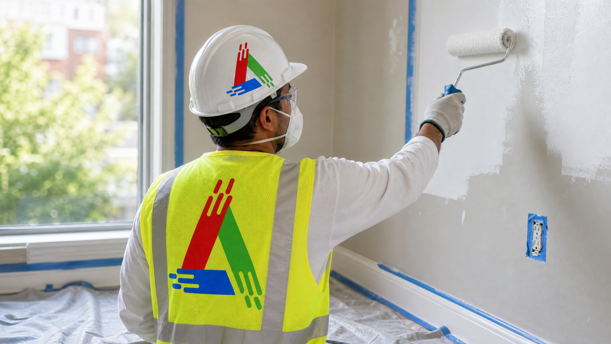 Professional Toronto painter in a respirator and safety glasses rolling satin paint onto a wall with drop sheets and painter's tape in place