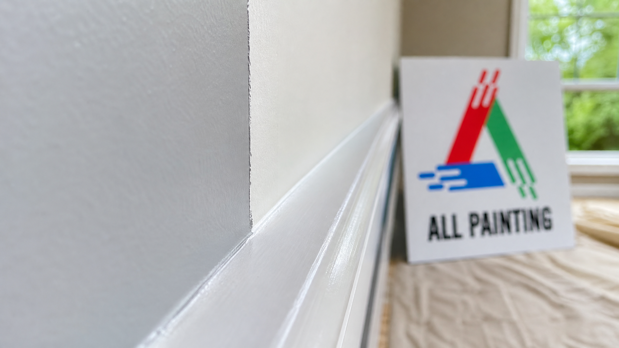 Close-up of a crisp, razor-sharp cut-in line where a painted wall meets white trim
