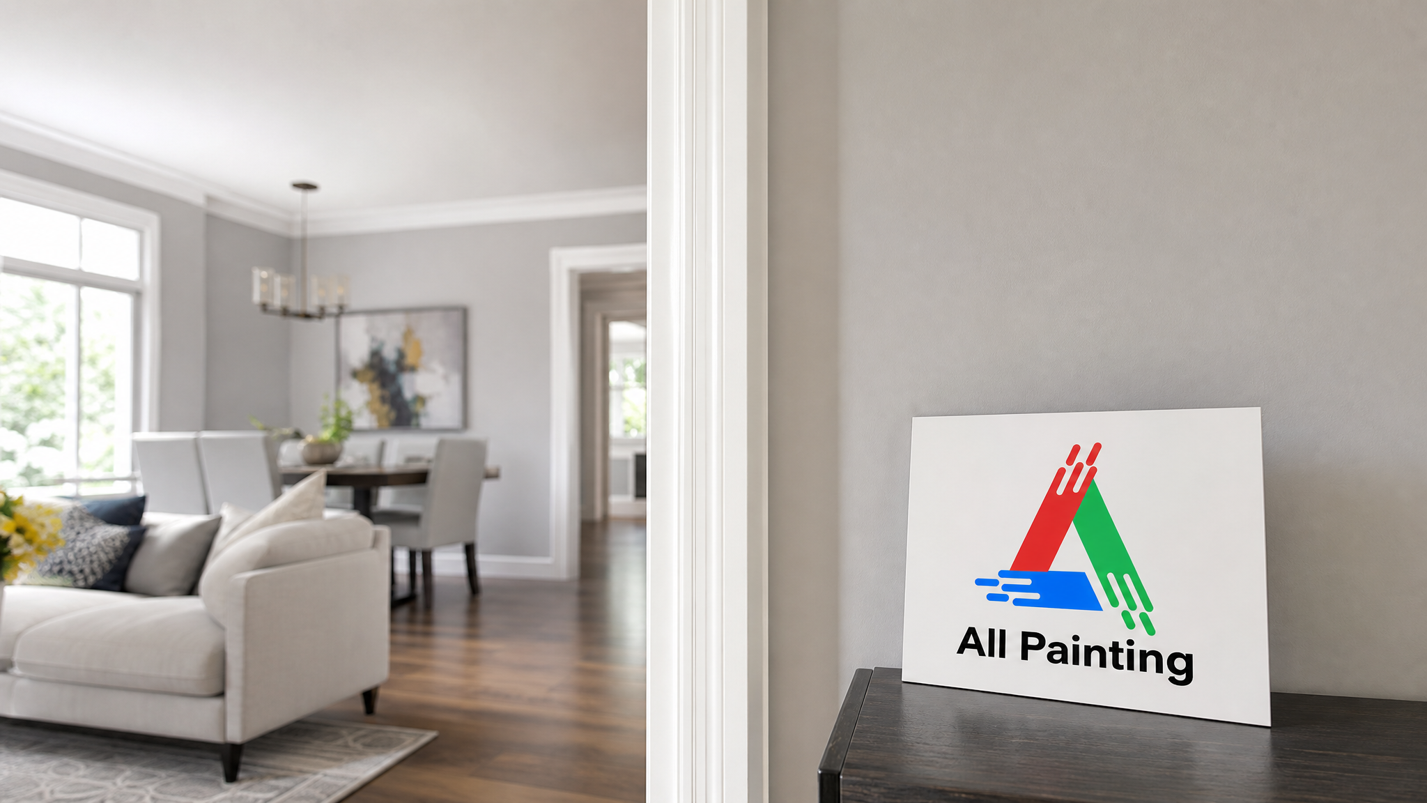 Freshly painted bright Mississauga living room with crisp white trim and a soft warm-grey feature wall