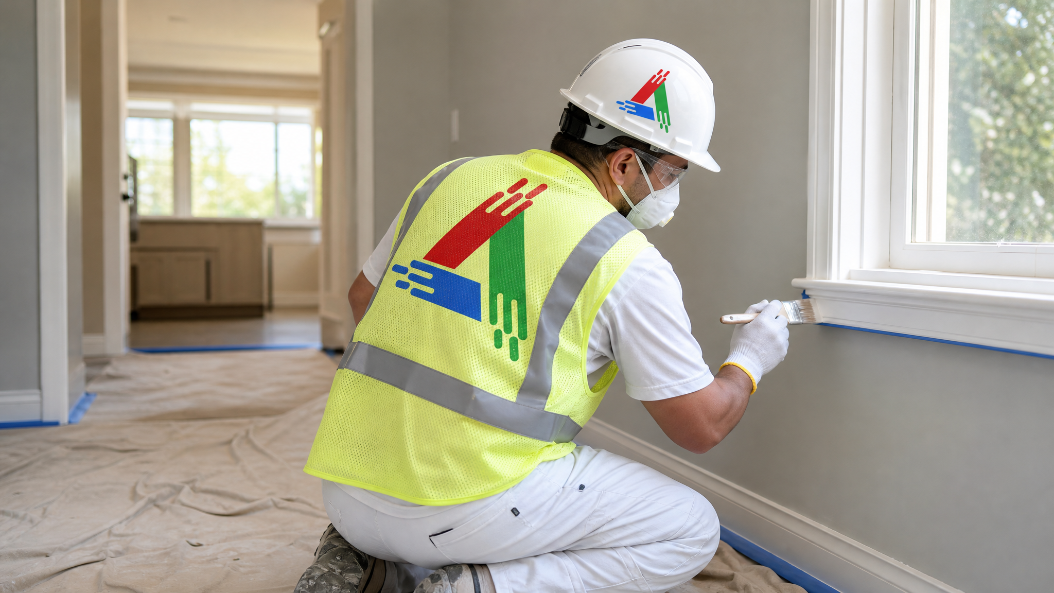 Professional painter in respirator, safety glasses and gloves cutting in a wall edge with drop sheets protecting the floor