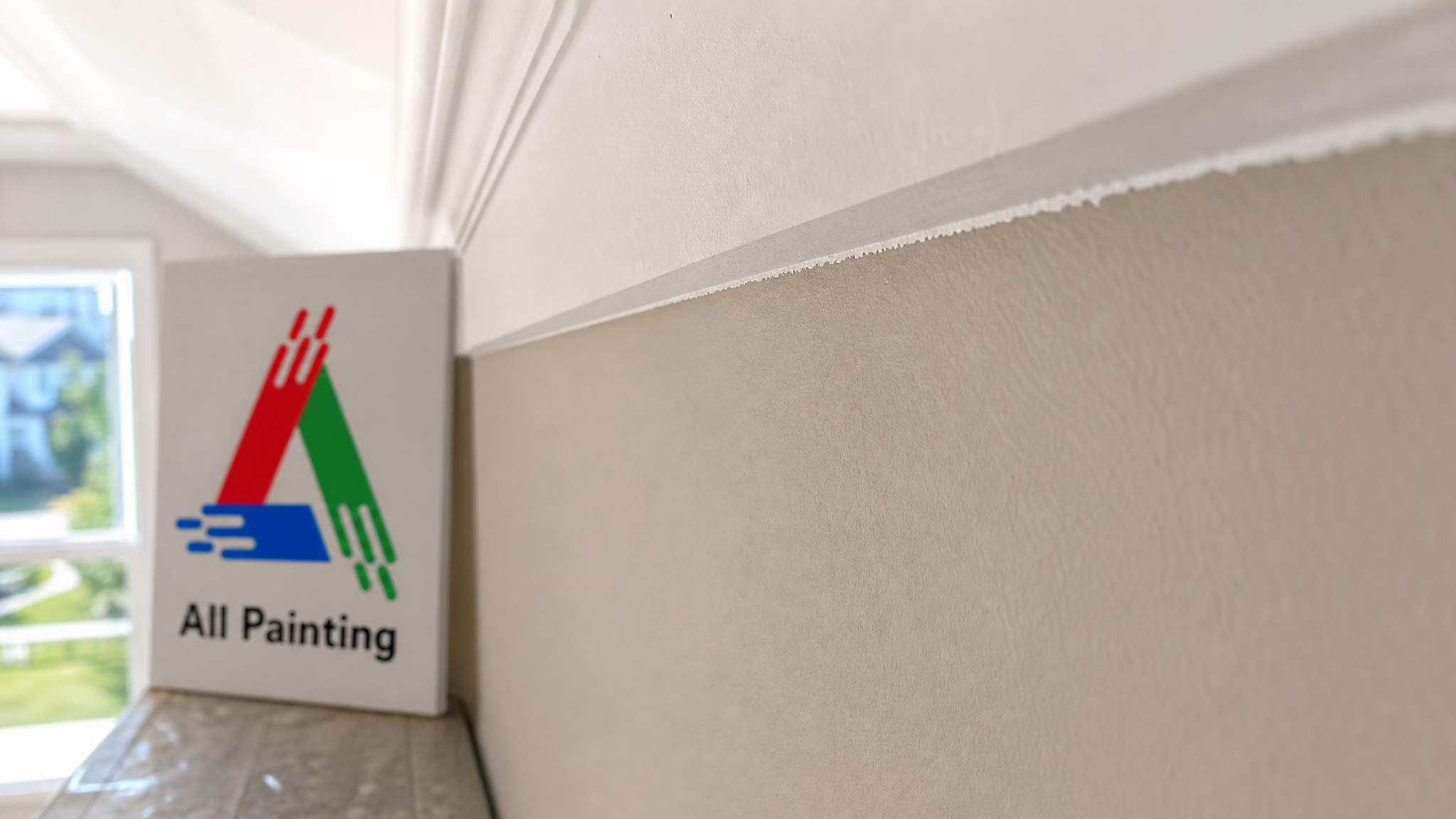 Close-up of a crisp cut-in line where a freshly painted wall meets white ceiling trim, showing a clean straight paint boundary