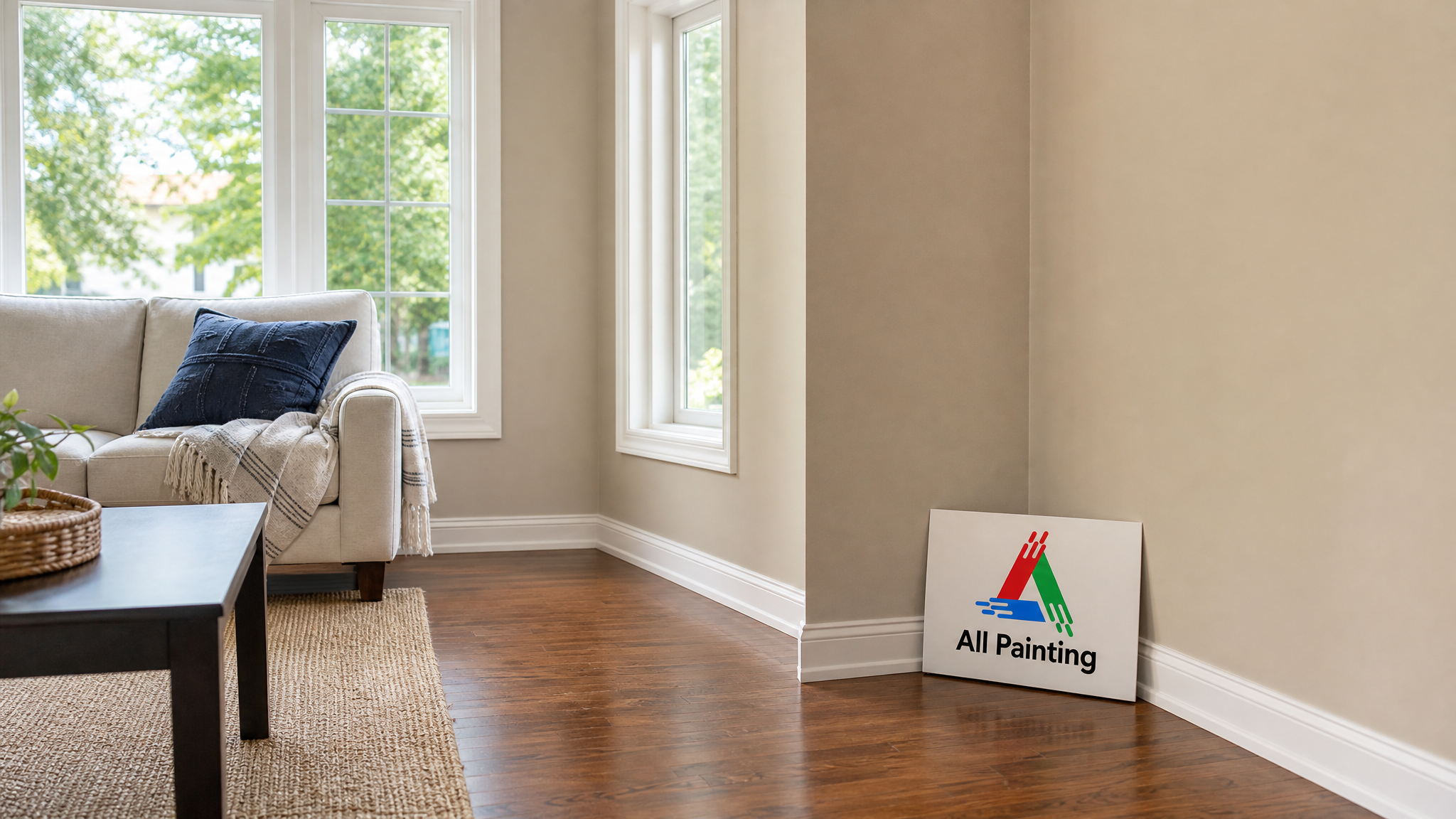 Freshly painted bright Oakville living room with crisp white trim and soft neutral walls in summer daylight