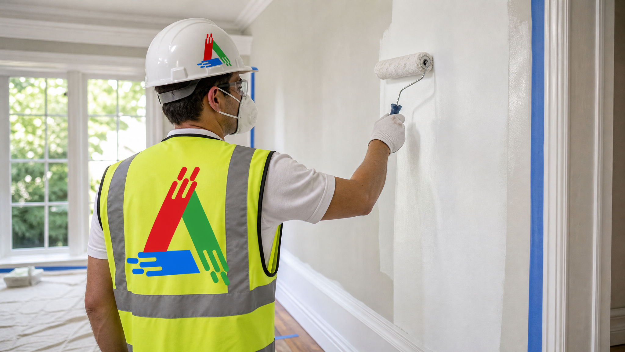 Professional painter in a respirator and safety glasses rolling paint onto an interior wall with drop sheets and painter's tape protecting the floor and trim