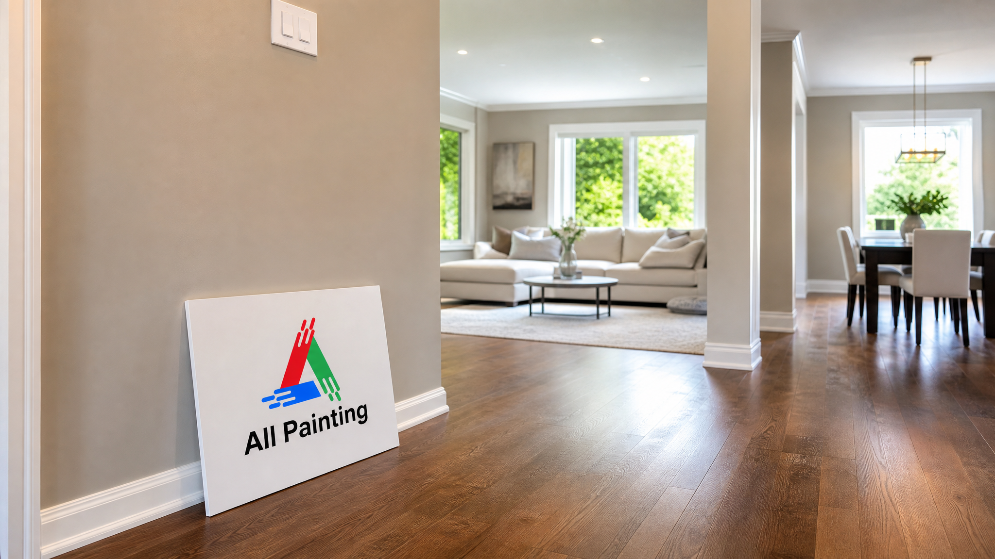 Freshly painted bright interior living room in a Markham home with crisp white trim and warm neutral walls