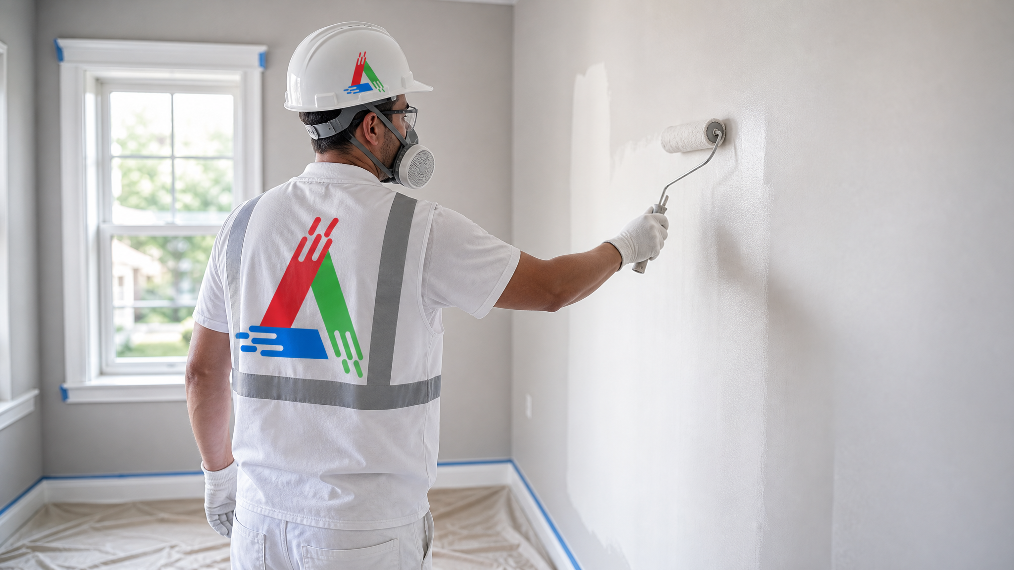 Professional painter in painter's whites and respirator rolling a smooth coat onto a Markham interior wall with floors covered in drop sheets