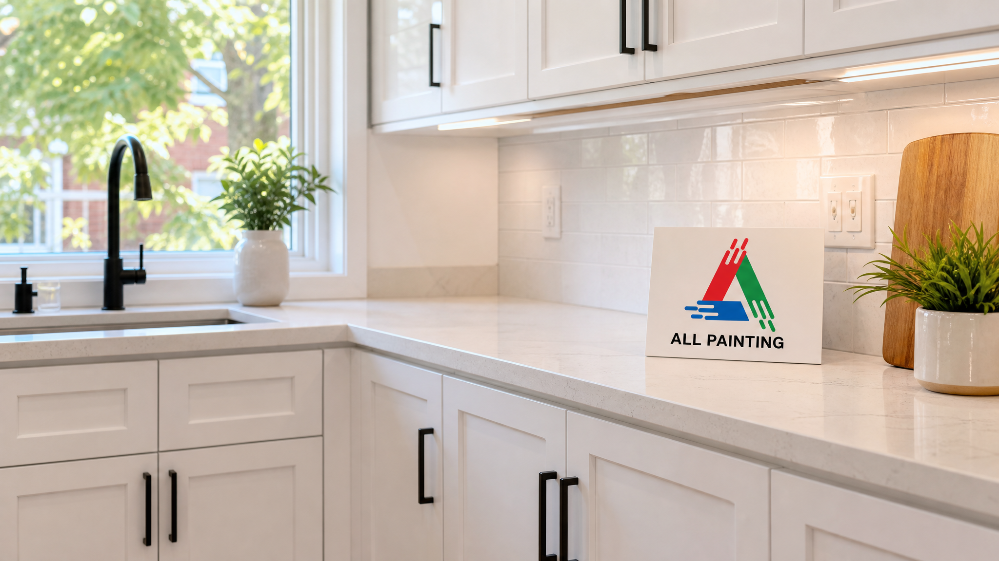 Freshly painted white kitchen cabinets with a smooth satin finish in a bright Toronto home