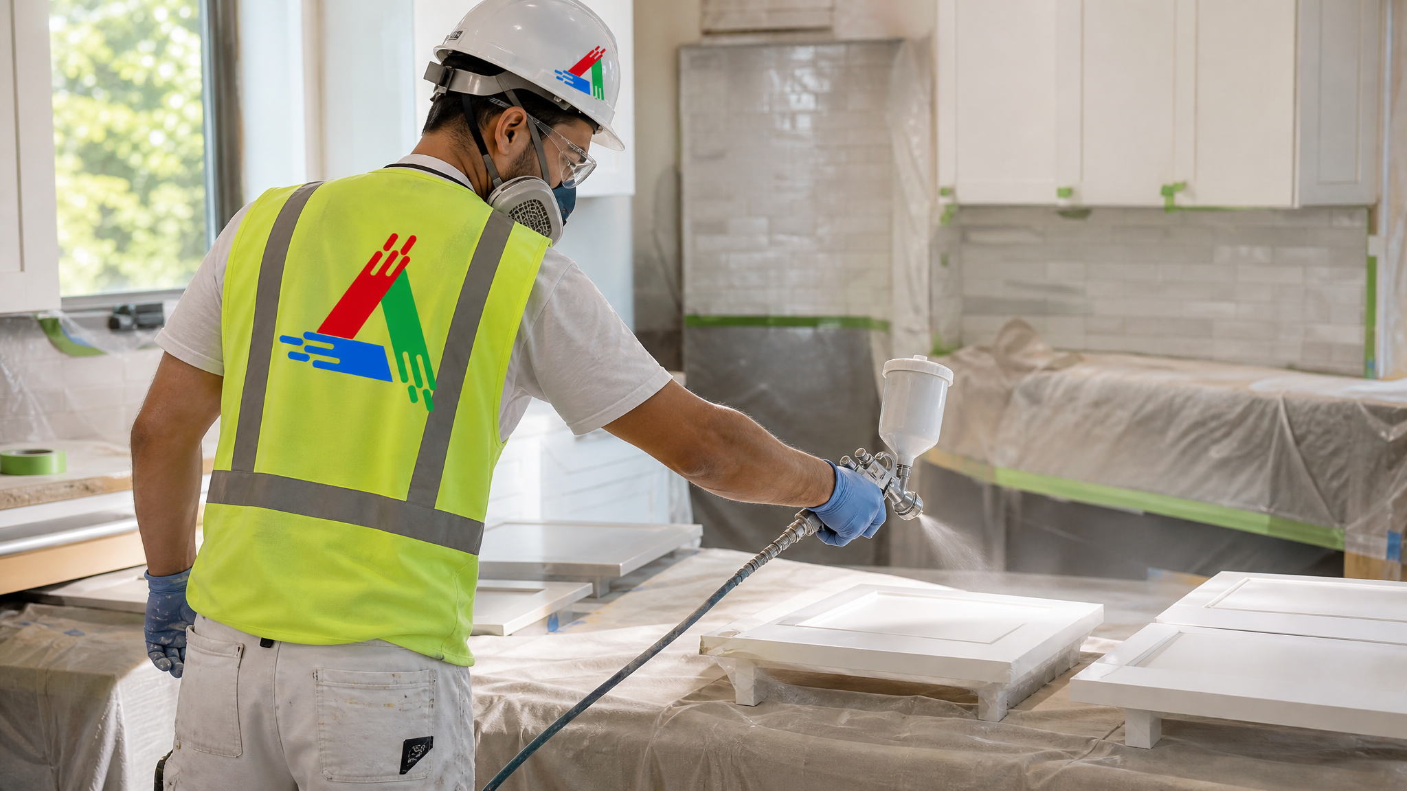 Professional painter in a respirator and safety glasses spraying kitchen cabinet doors on drop sheets