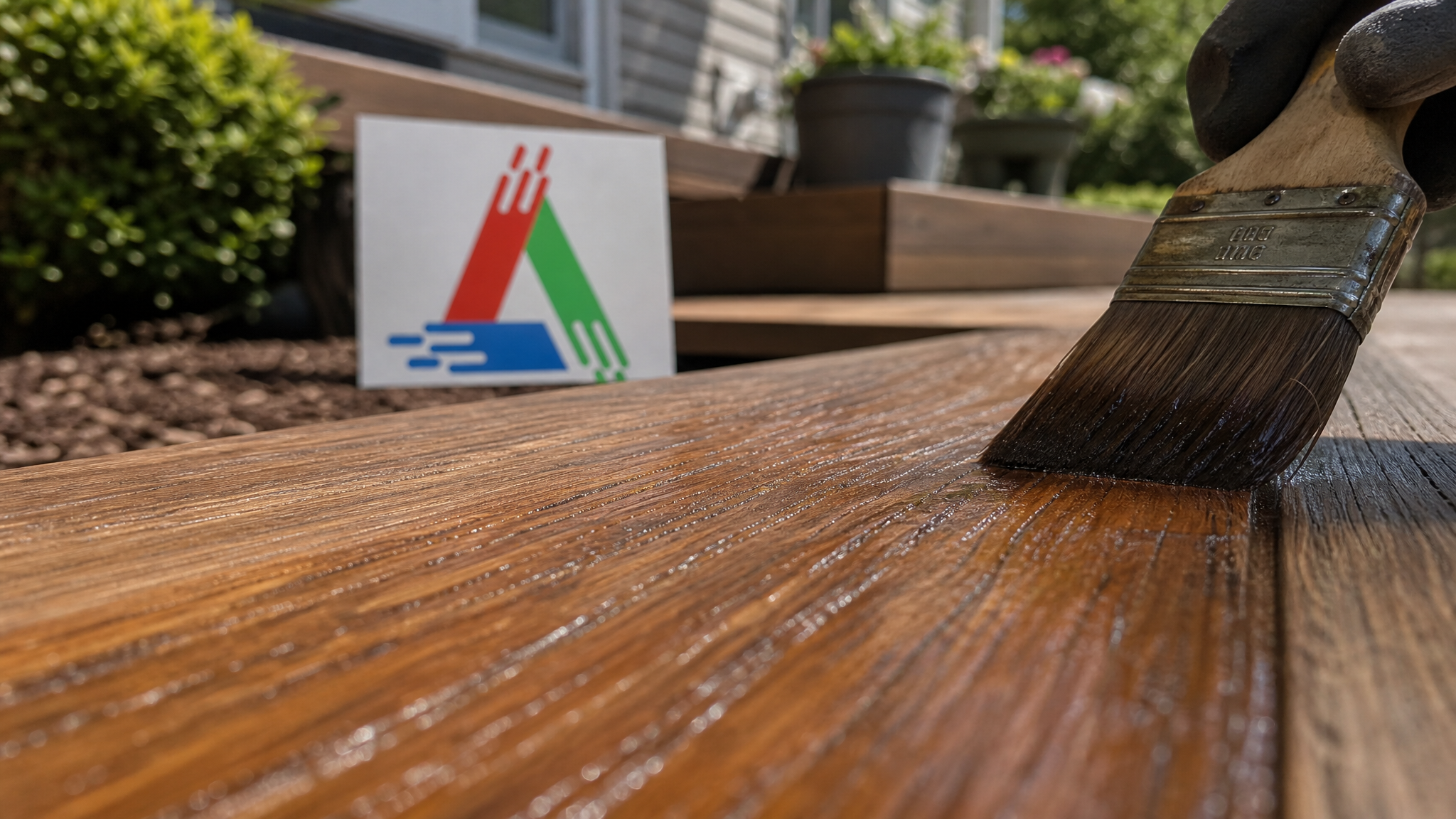 Close-up of deck stain penetrating and darkening the wood grain of a board with a small All Painting sign placard beside it