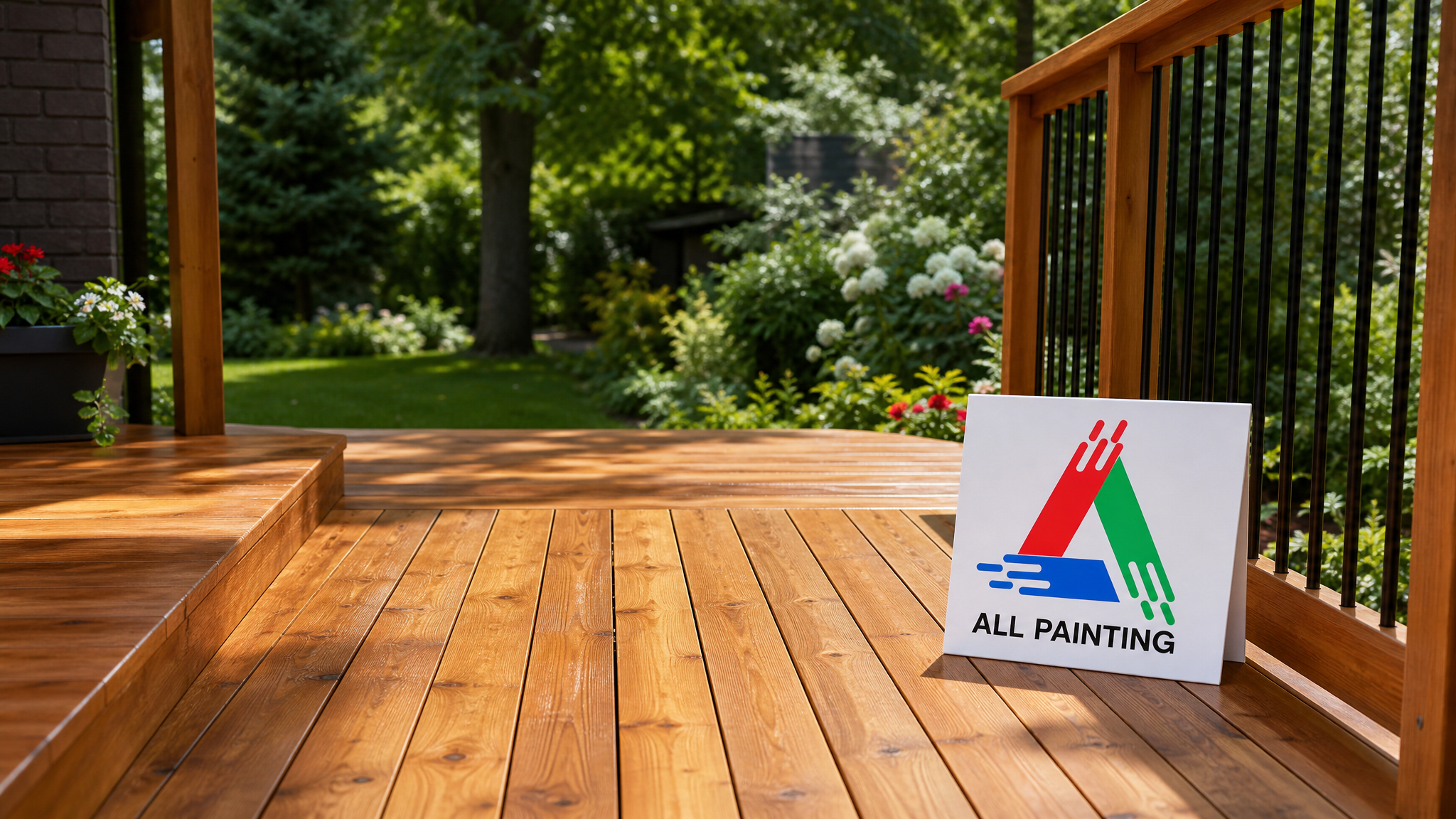 Freshly stained cedar backyard deck in a Toronto home glowing in warm summer daylight with a small All Painting sign placard nearby