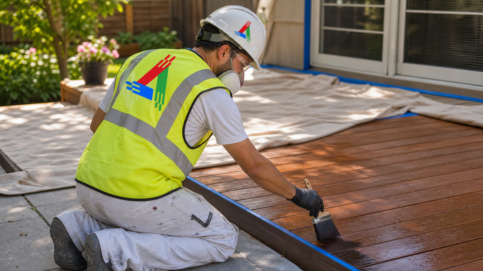 Professional painter in painter's attire, respirator, safety glasses and gloves brushing stain onto deck boards with drop sheets protecting the surrounding patio