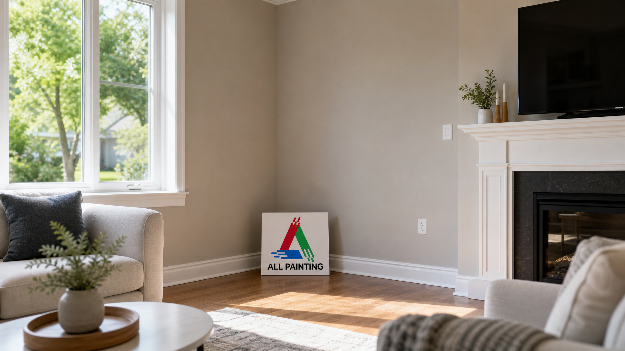 Freshly painted bright living room interior in a Richmond Hill home with crisp white trim and warm neutral walls