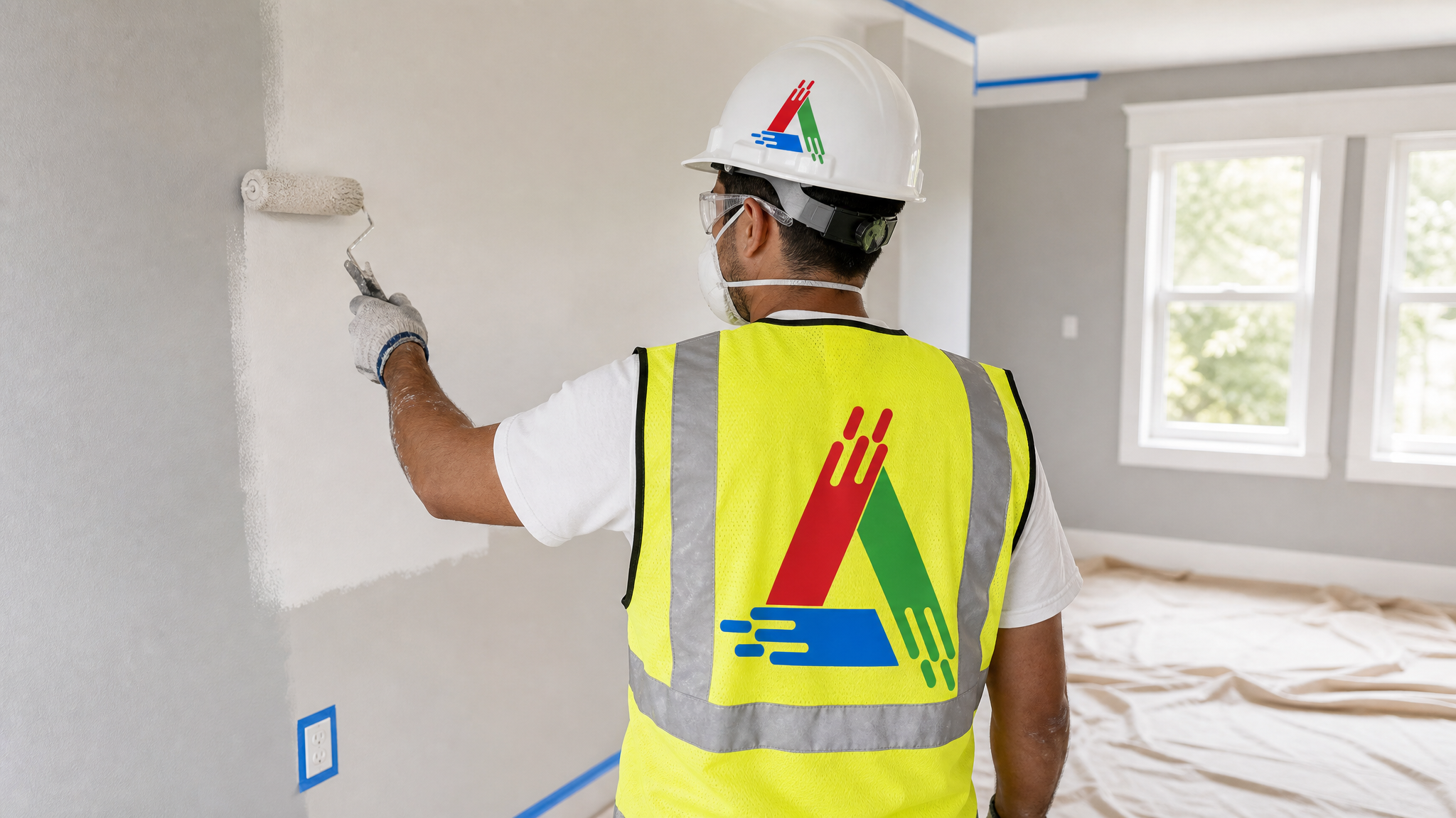 Professional painter in a respirator and safety glasses rolling paint onto a wall with floors protected by drop sheets and painter's tape