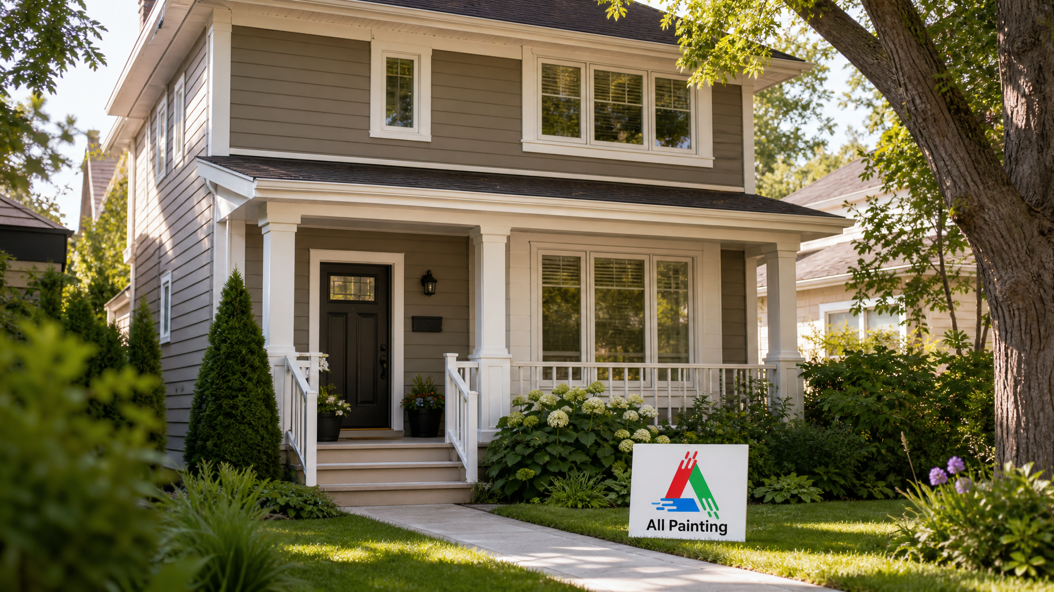Freshly painted two-storey Toronto home exterior with crisp trim in summer daylight
